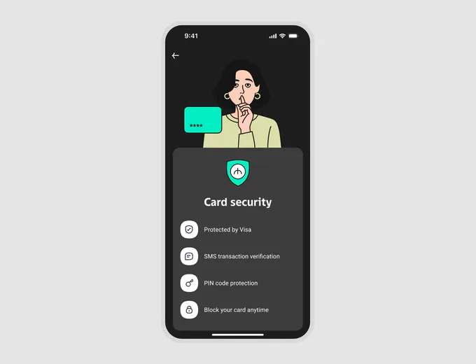 Экран Card security: защита Visa, SMS‑подтверждение операций, PIN‑код и&nbsp;блокировка карты в&nbsp;любой момент