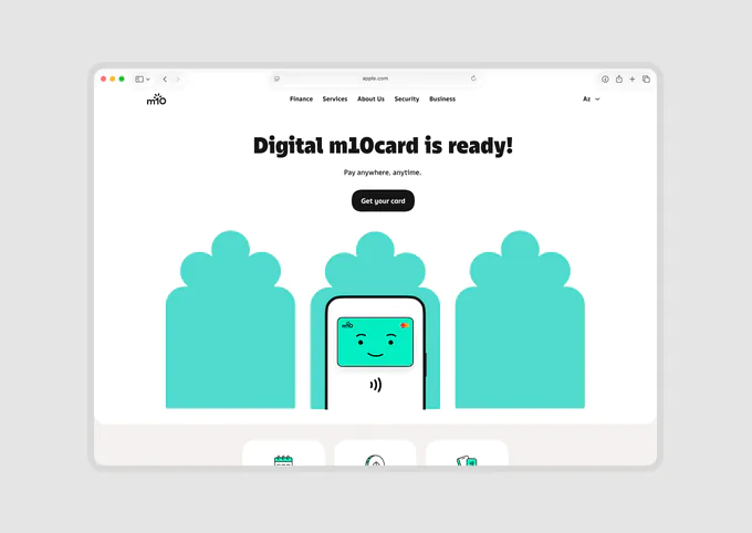 Лендинг Digital m10card на&nbsp;Webflow: «Digital m10card is&nbsp;ready!» и&nbsp;кнопка Get your card