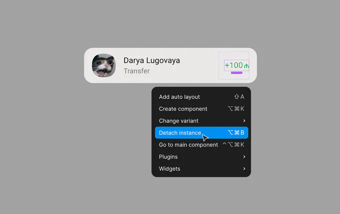 Ячейка перевода и&nbsp;контекстное меню Figma с&nbsp;пунктом Detach instance